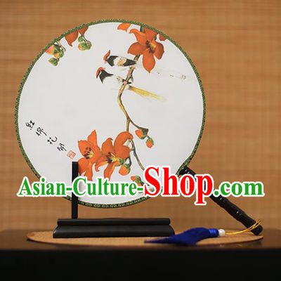 Traditional Chinese Crafts Printing Kapok White Round Fan, China Palace Fans Princess Silk Circular Fans for Women