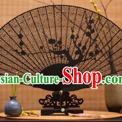 Traditional Chinese Crafts Ebony Folding Fan Carving Wintersweet Sandalwood Fans for Women