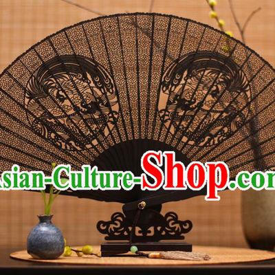 Traditional Chinese Crafts Ebony Folding Fan Carving Dragons Sandalwood Fans for Women