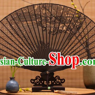Traditional Chinese Crafts Ebony Folding Fan Carving Courtyard Sandalwood Fans for Women