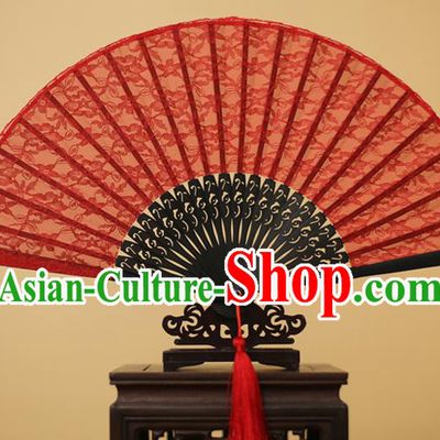 Traditional Chinese Crafts Red Lace Folding Fan Hollow Out Flowers Fans for Women