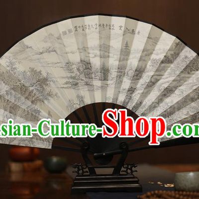 Traditional Chinese Crafts Printing Landscape White Folding Fan, China Sculpture Framework Silk Fans for Men