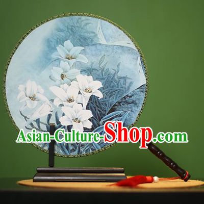 Traditional Chinese Crafts Printing Lily Flowers Round Fan, China Palace Fans Princess Silk Circular Fans for Women
