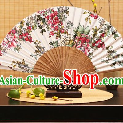 Traditional Chinese Crafts Folding Fans Printing Flowers White Silk Fan for Women