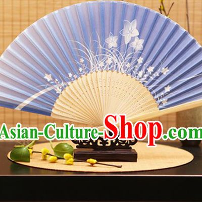 Traditional Chinese Crafts Folding Fans Printing Orchid Blue Silk Fan for Women