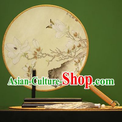 Traditional Chinese Crafts Painting Magnolia Rosewood Round Fan, China Palace Fans Princess Silk Circular Fans for Women