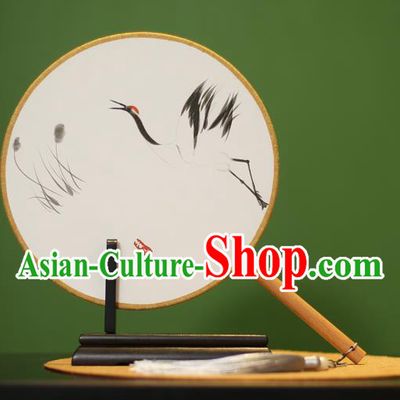 Traditional Chinese Crafts Ink Painting Crane Rosewood Round Fan, China Palace Fans Princess Silk Circular Fans for Women