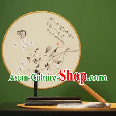 Traditional Chinese Crafts Ink Painting Butterfly Flowers Rosewood Round Fan, China Palace Fans Princess Silk Circular Fans for Women