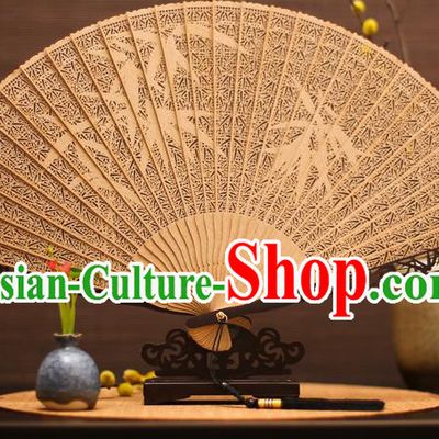 Traditional Chinese Crafts Sandalwood Bamboo Leaves Folding Fan Sandal Fans for Women