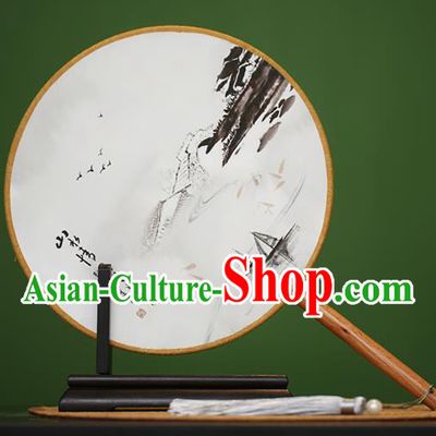 Traditional Chinese Crafts Ink Painting Rosewood Round Fan, China Palace Fans Princess Silk Circular Fans for Women