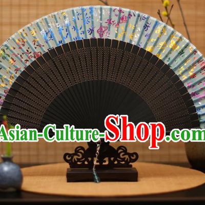 Traditional Chinese Crafts Printing Flowers Green Silk Folding Fan Sensu Fans for Women