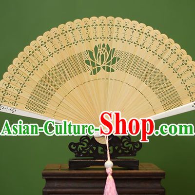Traditional Chinese Crafts Yellow Folding Fan Hollow Out Lotus Bamboo Fans for Women