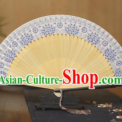 Traditional Chinese Crafts Blue and White Porcelain Silk Folding Fan Sensu Fans for Women