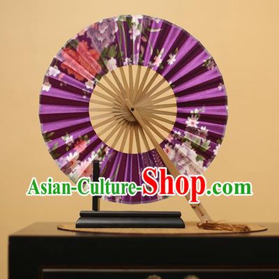 Traditional Chinese Crafts Printing Flowers Purple Silk Folding Fan, China Beijing Opera Round Fans for Women