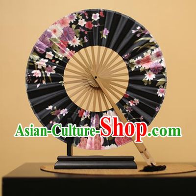 Traditional Chinese Crafts Printing Flowers Black Silk Folding Fan, China Beijing Opera Round Fans for Women