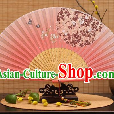 Traditional Chinese Crafts Printing Oriental Cherry Pink Folding Fan, China Beijing Opera Silk Fans for Women