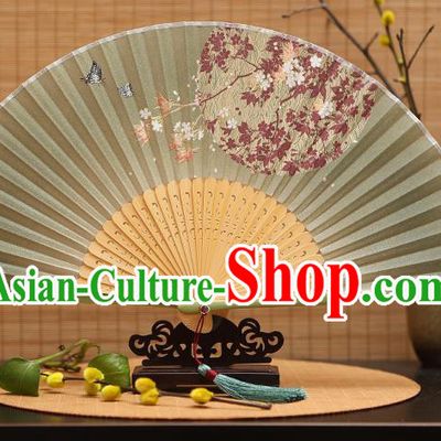 Traditional Chinese Crafts Printing Oriental Cherry Green Folding Fan, China Beijing Opera Silk Fans for Women