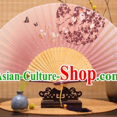 Traditional Chinese Crafts Printing Oriental Cherry Lilac Folding Fan, China Beijing Opera Silk Fans for Women