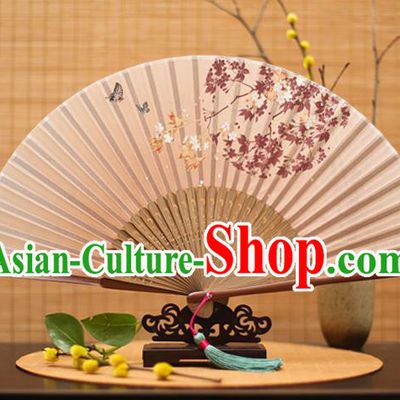 Traditional Chinese Crafts Printing Oriental Cherry Folding Fan, China Beijing Opera Silk Fans for Women