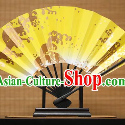 Traditional Chinese Crafts Printing Yellow Paper Folding Fan Sensu Fans for Women