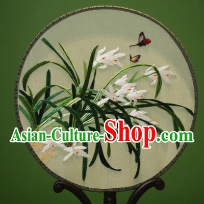 Traditional Chinese Crafts Embroidered Orchid Round Fan, China Palace Fans Princess Silk Circular Fans for Women