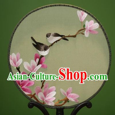 Traditional Chinese Crafts Embroidered Magnolia Birds Round Fan, China Palace Fans Princess Silk Circular Fans for Women