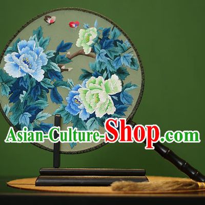 Traditional Chinese Crafts Embroidered Butterfly Peony Round Fan, China Palace Fans Princess Silk Circular Fans for Women