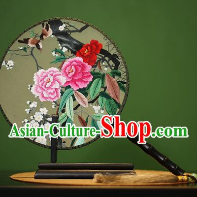 Traditional Chinese Crafts Embroidered Birds Peony Round Fan, China Palace Fans Princess Silk Circular Fans for Women