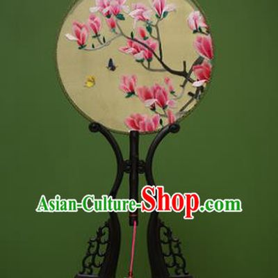 Traditional Chinese Crafts Embroidered Red Magnolia Round Fan, China Palace Fans Princess Silk Circular Fans for Women