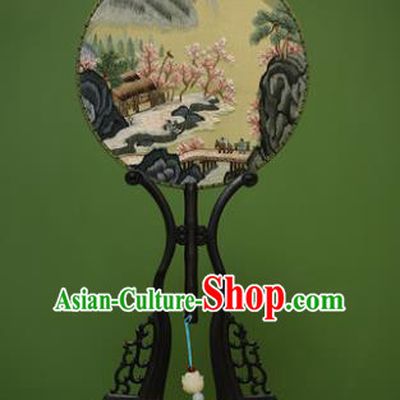 Traditional Chinese Crafts Embroidered Peach Blossom Castle Round Fan, China Palace Fans Princess Silk Circular Fans for Women