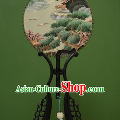 Traditional Chinese Crafts Embroidered Pine Round Fan, China Palace Fans Princess Silk Circular Fans for Women
