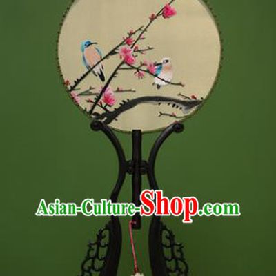 Traditional Chinese Crafts Embroidered Birds Round Fan, China Palace Fans Princess Silk Circular Fans for Women