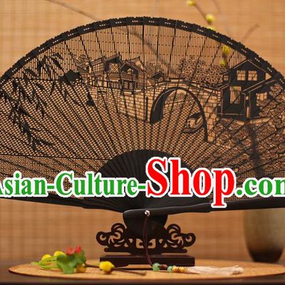 Traditional Chinese Crafts Black Sandalwood Folding Fan, Chinese Hollow Out Bridge Fans Bamboo Fans for Women