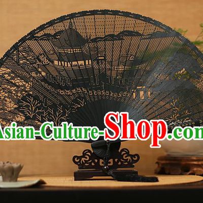 Traditional Chinese Crafts Black Sandalwood Folding Fan, Chinese Hollow Out Palace Fans Bamboo Fans for Women