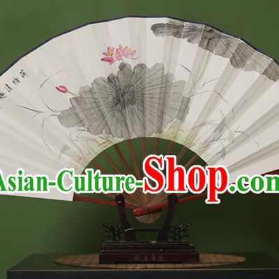 Traditional Chinese Crafts Ink Painting Lotus Folding Fan, China Handmade Xuan Paper Fans for Men