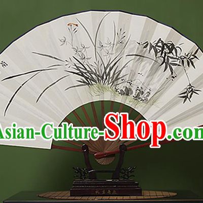 Traditional Chinese Crafts Ink Painting Orchid Folding Fan, China Handmade Xuan Paper Fans for Men