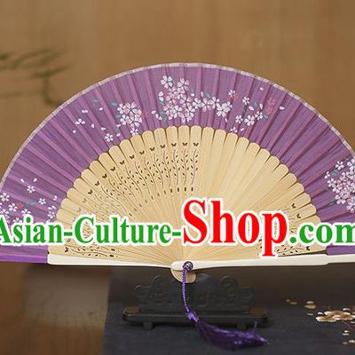 Traditional Chinese Crafts Folding Fan, China Printing Flowers Purple Silk Fans for Women