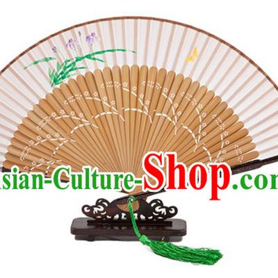 Traditional Chinese Crafts Folding Fan, China Printing Orchid Silk Fans for Women