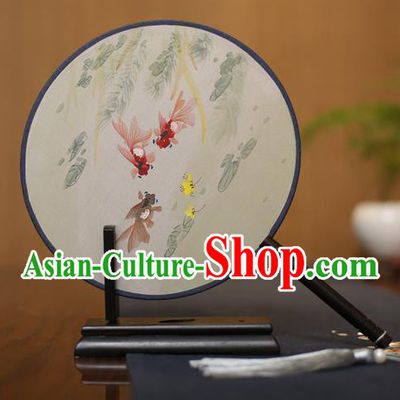Traditional Chinese Crafts Round Silk Fan, China Palace Fans Princess Printing Goldfish Circular Fans for Women