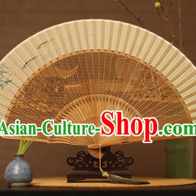 Traditional Chinese Crafts Hand Painting Willow Branch Silk Folding Fan, China Handmade Hollow Out Bamboo Fans for Women
