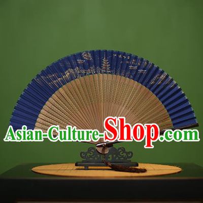 Traditional Chinese Crafts Hand Painting Leifeng Pagoda Blue Silk Folding Fan, China Handmade Bamboo Fans for Women