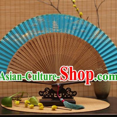 Traditional Chinese Crafts Hand Painting Leifeng Pagoda Blue Silk Folding Fan, China Handmade Bamboo Fans for Women