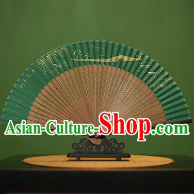 Traditional Chinese Crafts Hand Painting Leifeng Pagoda Green Silk Folding Fan, China Handmade Bamboo Fans for Women