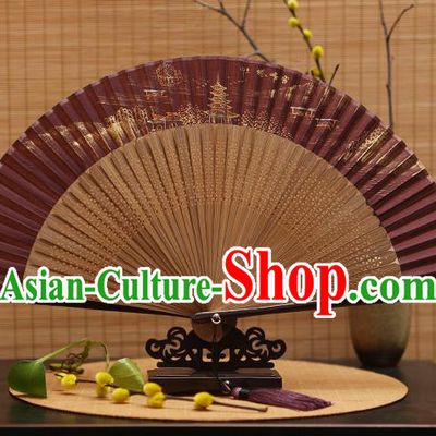 Traditional Chinese Crafts Hand Painting Leifeng Pagoda Amaranth Silk Folding Fan, China Handmade Bamboo Fans for Women