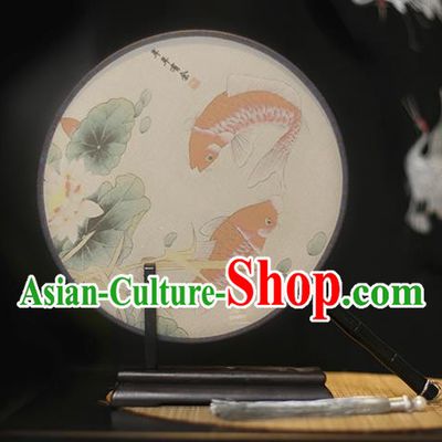 Traditional Chinese Crafts Printing Lotus Fish Silk Round Fan, China Palace Fans Princess Circular Fans for Women
