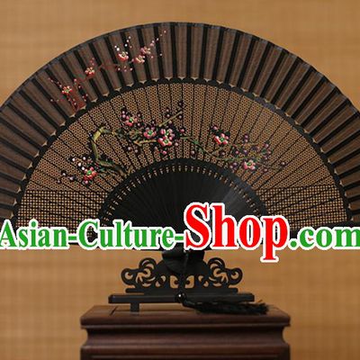 Traditional Chinese Crafts Hand Painting Plum Blossom Folding Fan, China Handmade Black Silk Fans for Women