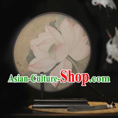 Traditional Chinese Crafts Printing Pink Lotus Silk Round Fan, China Palace Fans Princess Circular Fans for Women