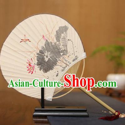 Traditional Chinese Crafts Ink Painting Lotus Paper Fan, China Palace Fans Princess Round Fans for Women