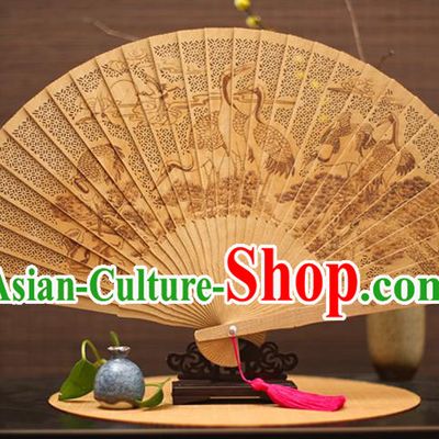 Traditional Chinese Crafts Sandalwood Folding Fan, China Handmade Hollow Out Crane Incienso Fans for Women