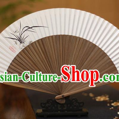Traditional Chinese Crafts Printing Orchid Folding Fan, China Handmade Xuan Paper Fans for Women